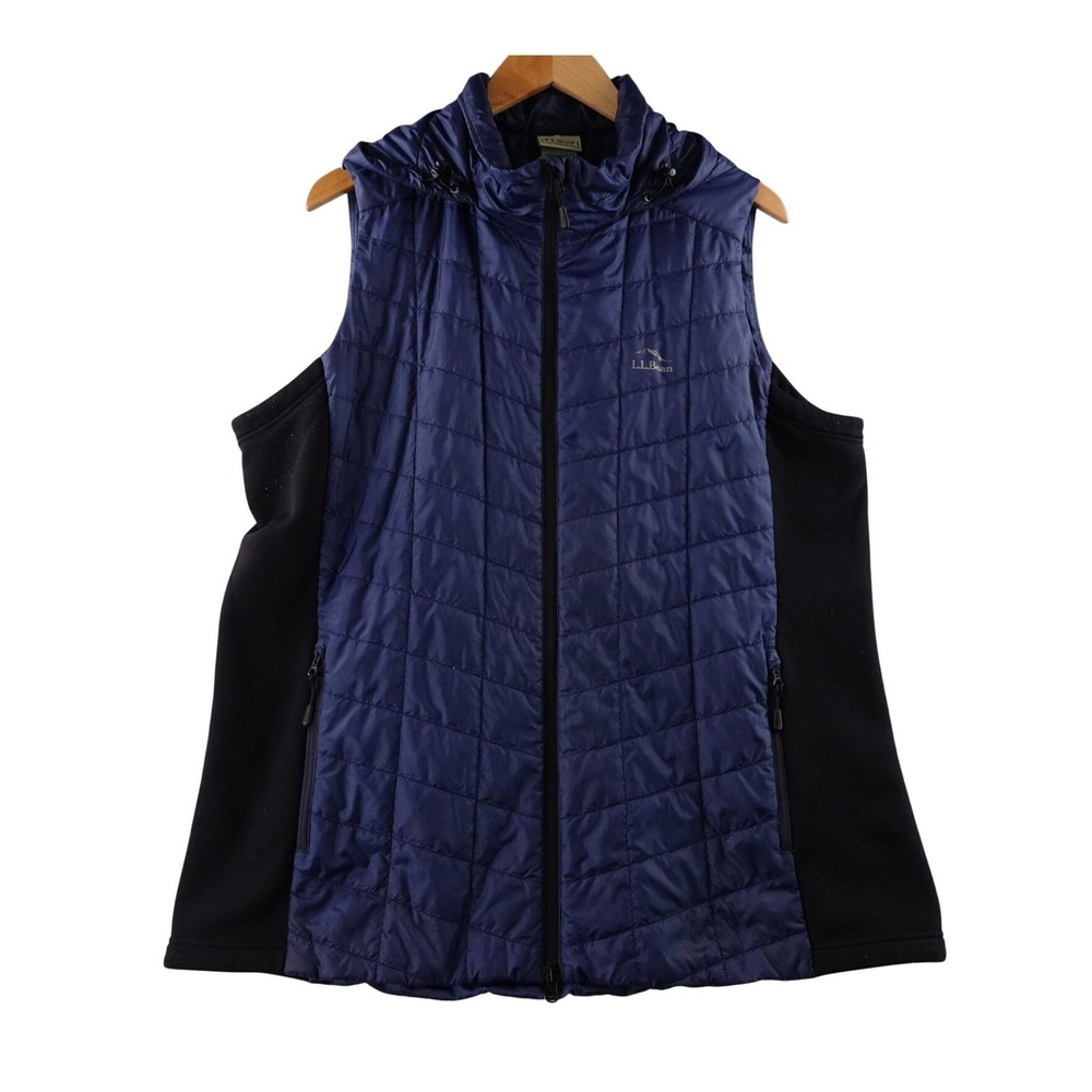 LLBean Mens Puffer Hooded Vest Navy Blue Black Fleece Lined 1X Plus Outdoor Camp